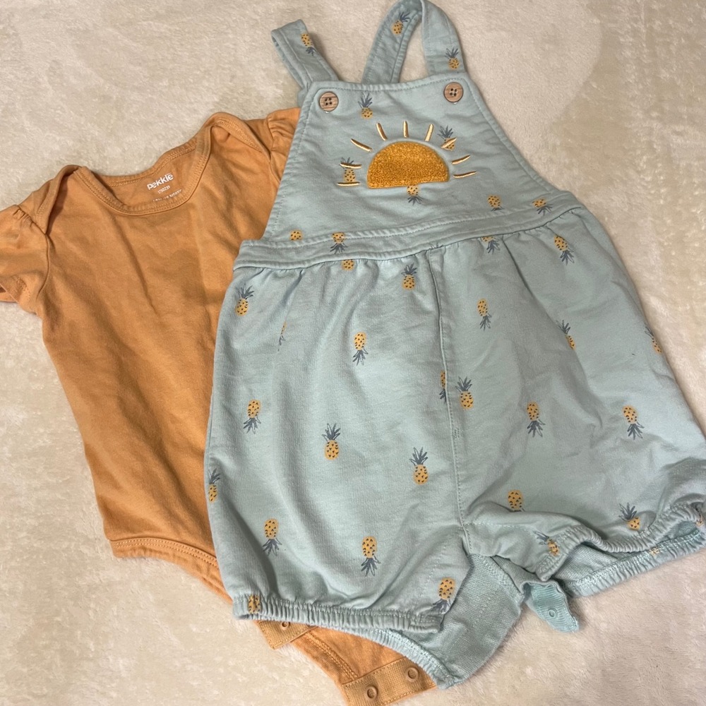 Pekkle Kids Pineapple Sun Overall Romper and Bodysuit Set Blue Orange 18M